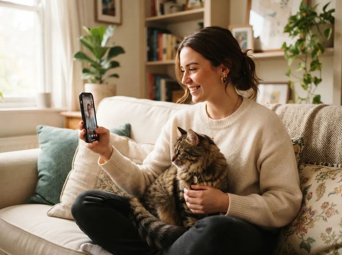 Pet owner with a cat on their lap using a phone at home