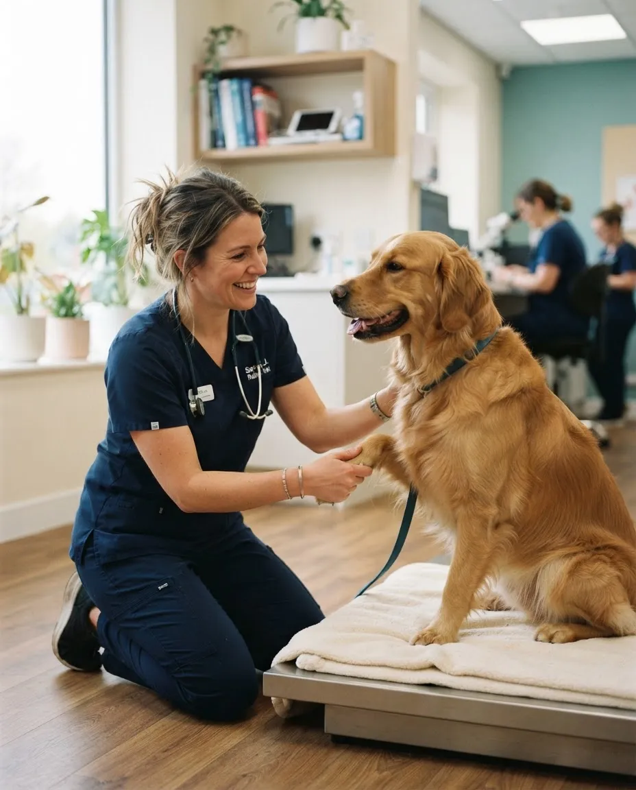 Relief veterinarian greeting a golden retriever in a clinic
